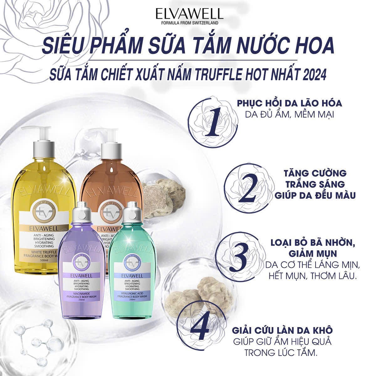 ELVAWELL WHITE TRUFFLE AMINO ACID FRAGRANCE BODY WASH IN LA ROSE 250ML