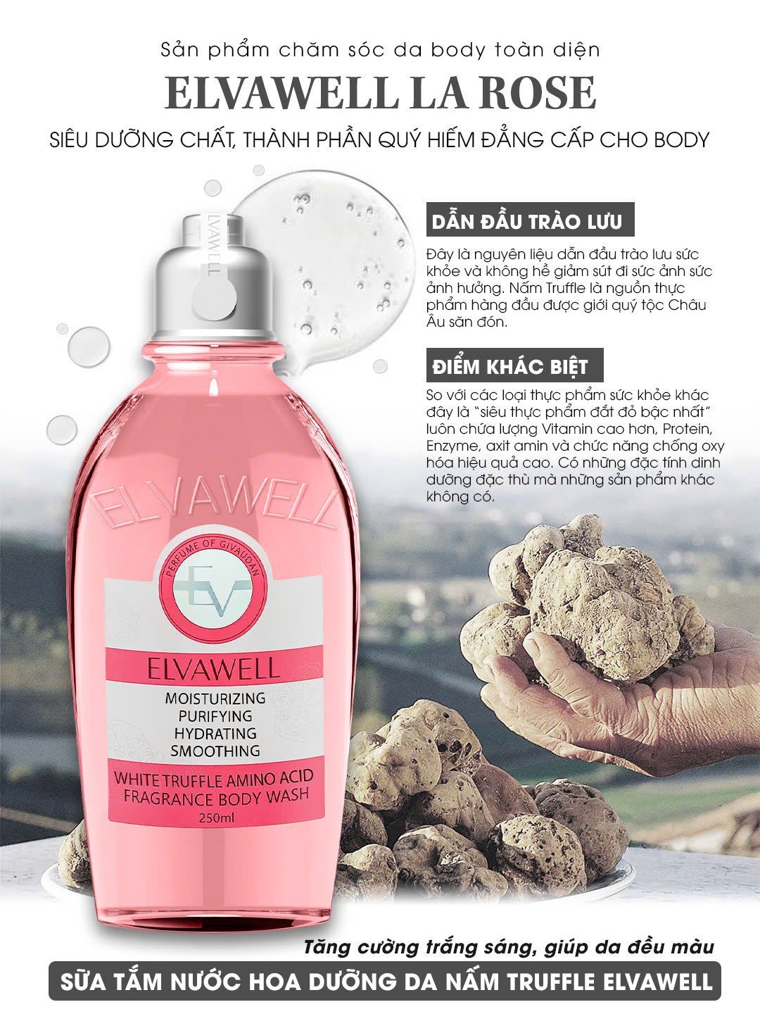 ELVAWELL WHITE TRUFFLE AMINO ACID FRAGRANCE BODY WASH IN LA ROSE 250ML