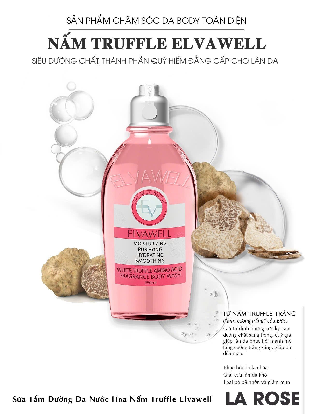 ELVAWELL WHITE TRUFFLE AMINO ACID FRAGRANCE BODY WASH IN LA ROSE 250ML